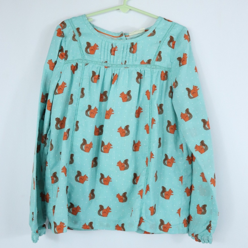 Mini Boden Blue Squirrel Print Blouse Long Sleeve Fall Cottagecore Sz 7-8Y